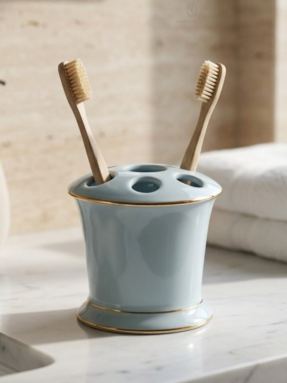 Ceramic Baby Blue With Gold Rim Toothbrush Holder
